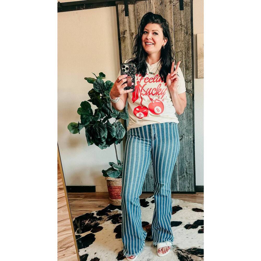 NEW CELLO pin stripe flare jeans in blue